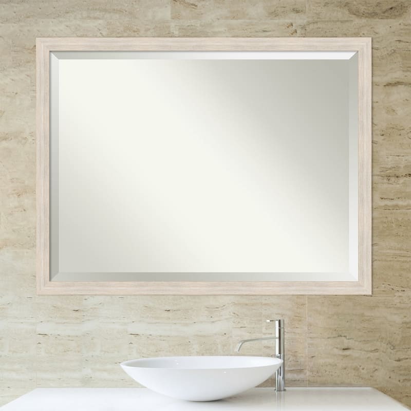 Beveled Wood Bathroom Wall Mirror - Hardwood Whitewash Narrow Frame - Hardwood White Wash Narrow