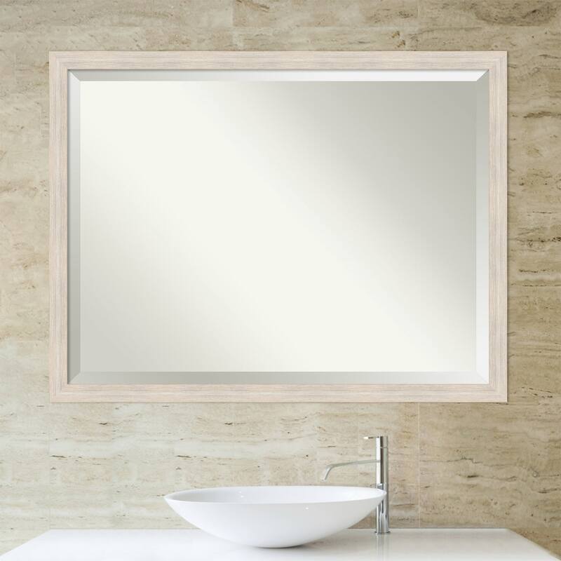Beveled Wood Bathroom Wall Mirror Hardwood Whitewash Narrow Frame Hardwood White Wash Narrow