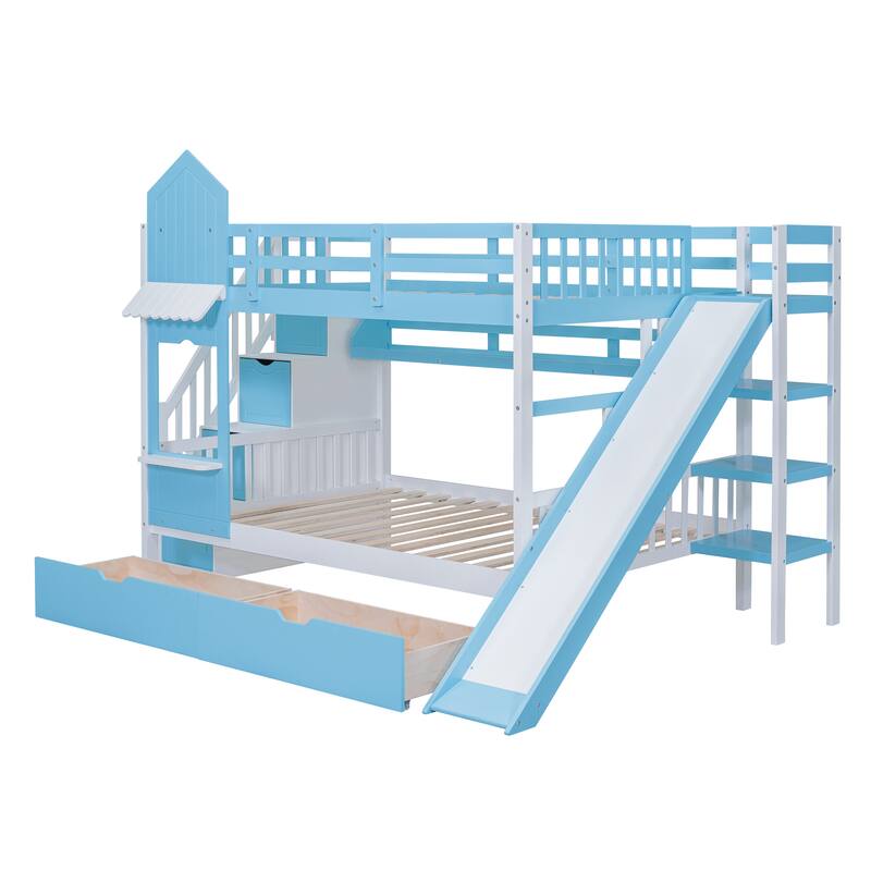 Full-Over-Full Castle Style Bunk Bed with 2 Drawers, 3 Shelves, and Slide - Blue