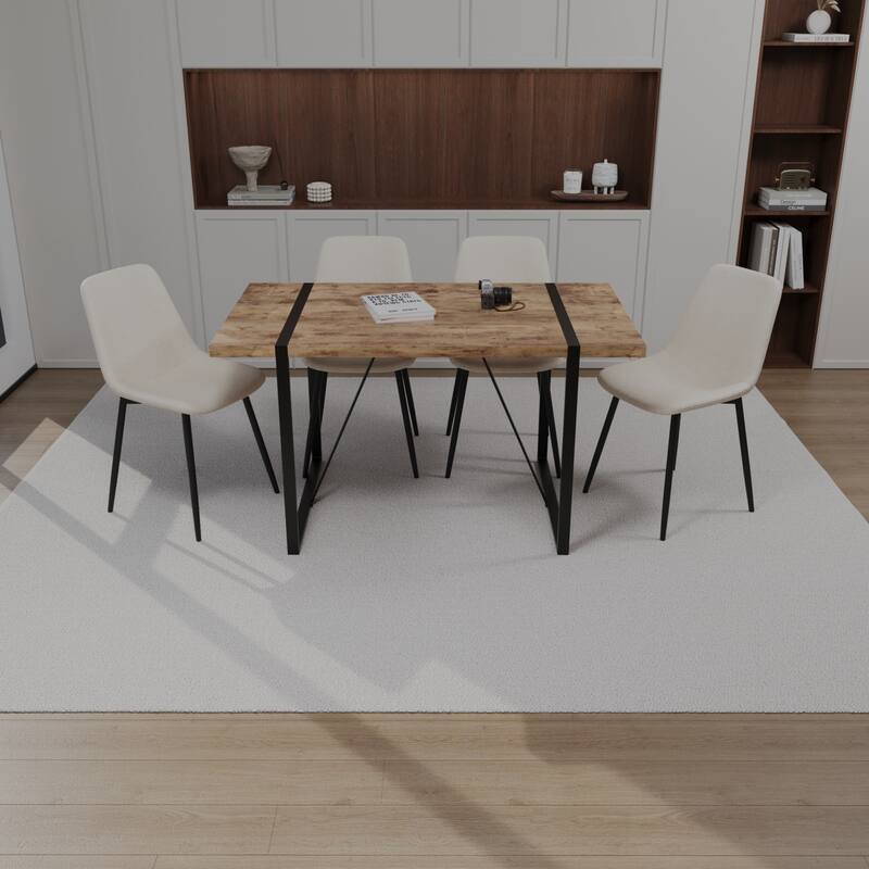 MDF dark wood dining table and modern dining chair 4-piece set, medieval wooden kitchen dining table set, rectangular metal base