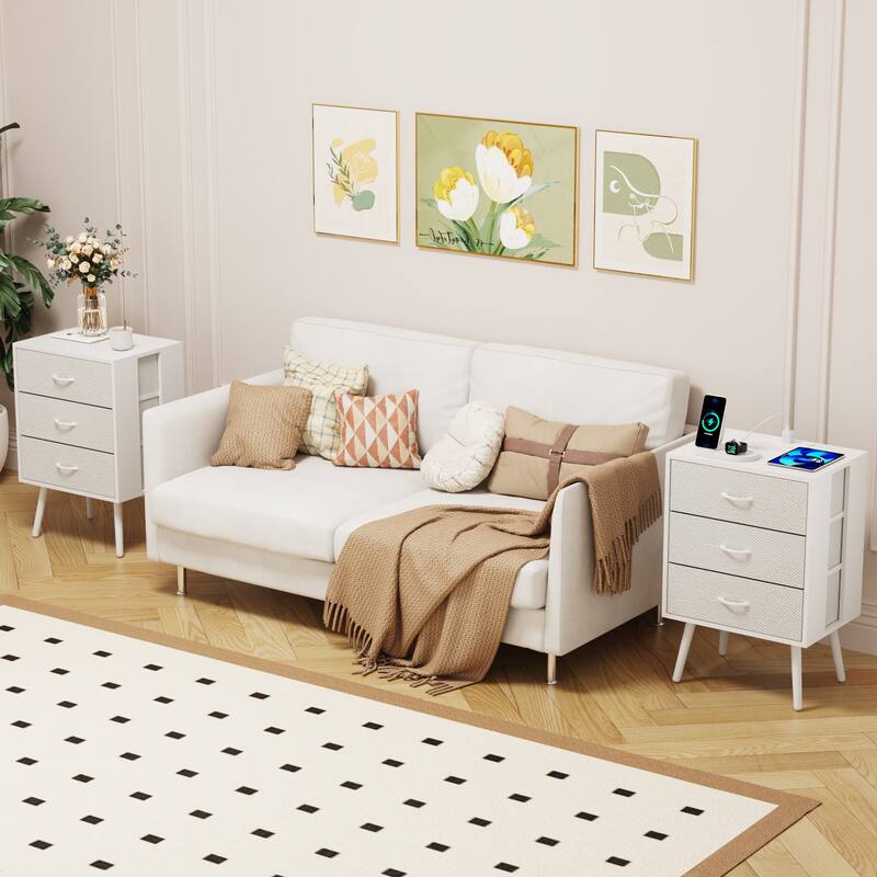 Modern 2-Piece Nightstand with LED Light and 3 Fabric Drawers