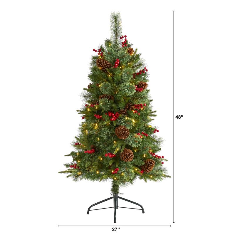 4Ft Artificial Christmas Tree with Lights - Holiday Decor, Pine Cones & Berries, Festive Tree for Home - Green - 48