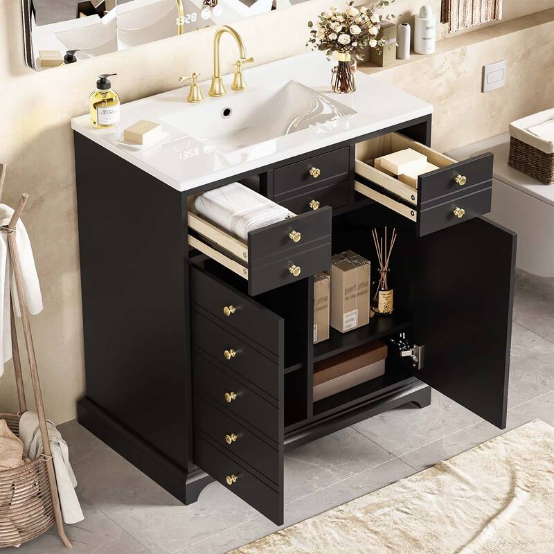 Wood Frame Bathroom Storage Cabinet with Ceramic Sink Combo