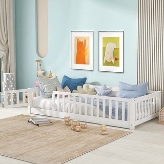 Twin/Full/Queen Size Floor Bed with Safety Guardrails, Toddler Floor Bed for Girls and Boys