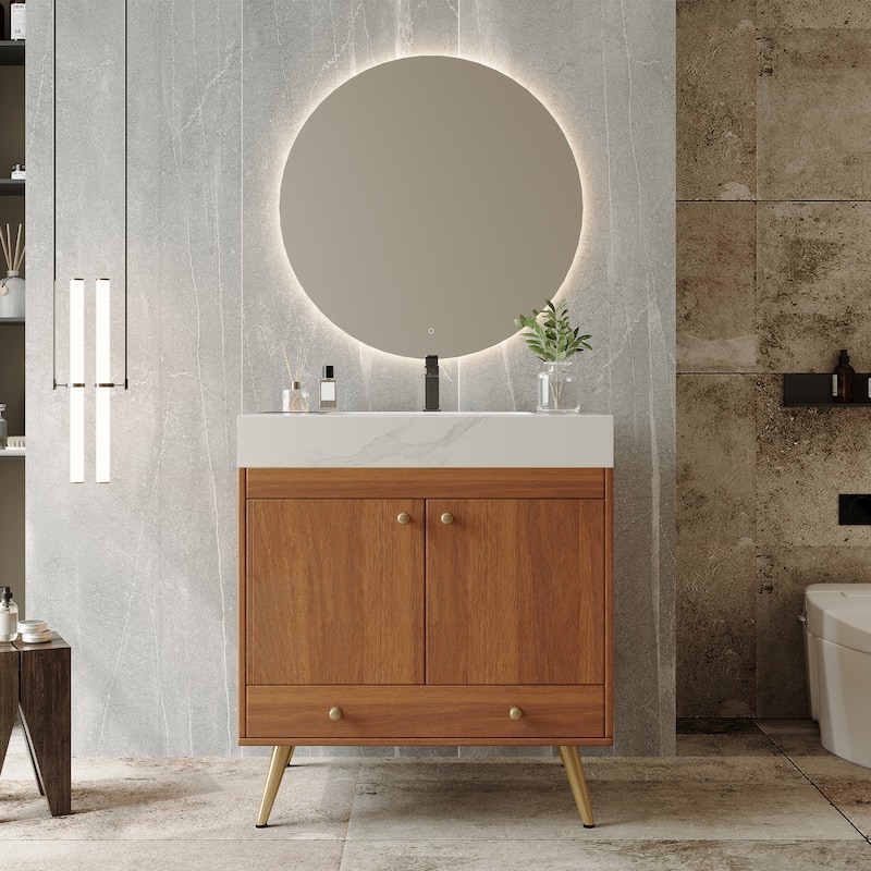 Mid-Century 30" Freestanding Bathroom Vanity with Faux Marble Top, Ceramic Sink & Gold Legs Cabinet
