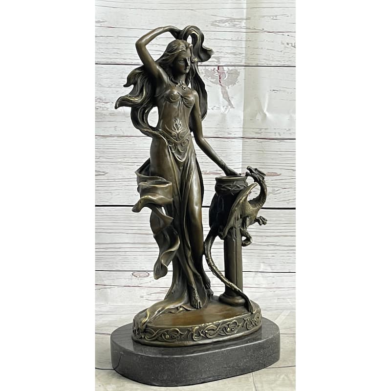 Fantasy Female Figure Art Nouveau Dragon Candle Holder Candelabra Bronze Sculpture