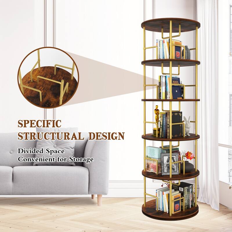 5 Tier Rotating Bookshelf (Gold) - 360° Display Round Spinning Bookshelf, Wood & Metal Stackable Spinning Bookshelf Tower.