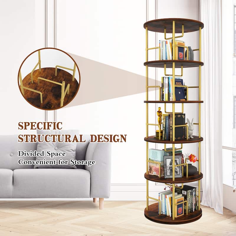 GDF Studio - Fremont Modern 5-Tier Wood and Metal Rotating Bookshelf with 360-Degree Swivel Design