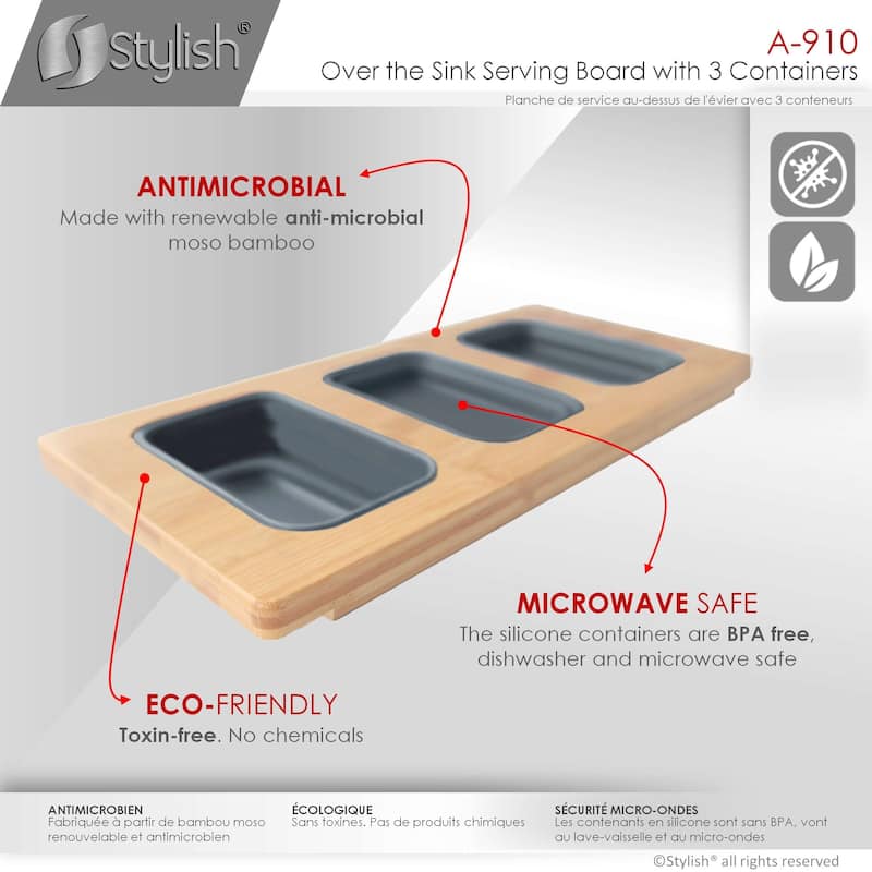 STYLISH 17 inch Workstation Sink Divided Serving Board with 3 Collapsible Containers - 18" x 8.5"