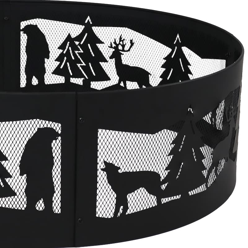 Forest Wilderness Black Steel Fire Pit Ring with Cutouts - 36"