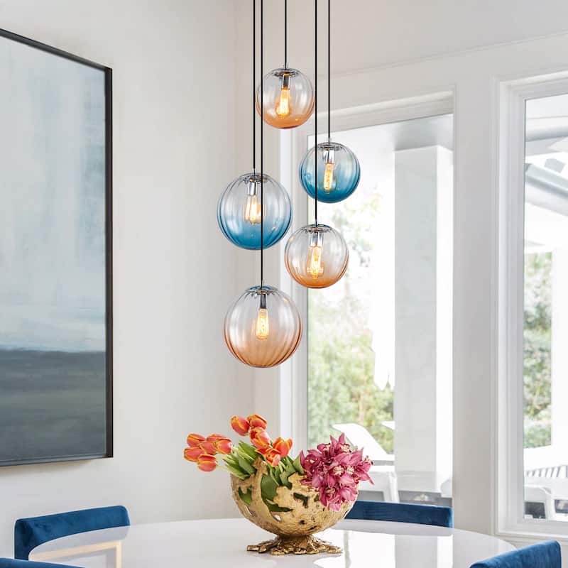 Modern 5-Light Cluster Glass Globe Pendant Light with Gradient Shades - Silver
