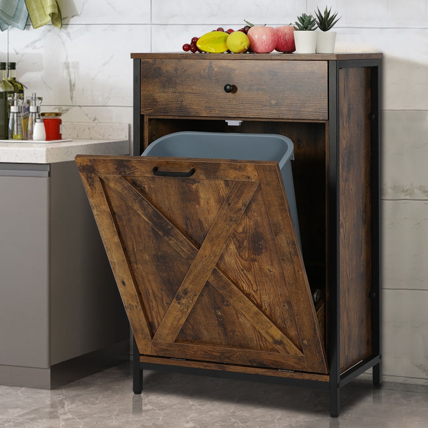 Rustic Wood 30 Gallon Large Kitchen Trash Can 