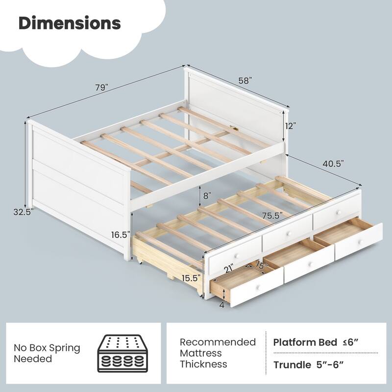 Gymax Full Size Bed Frame w/ Twin Trundle & 3 Storage Drawers