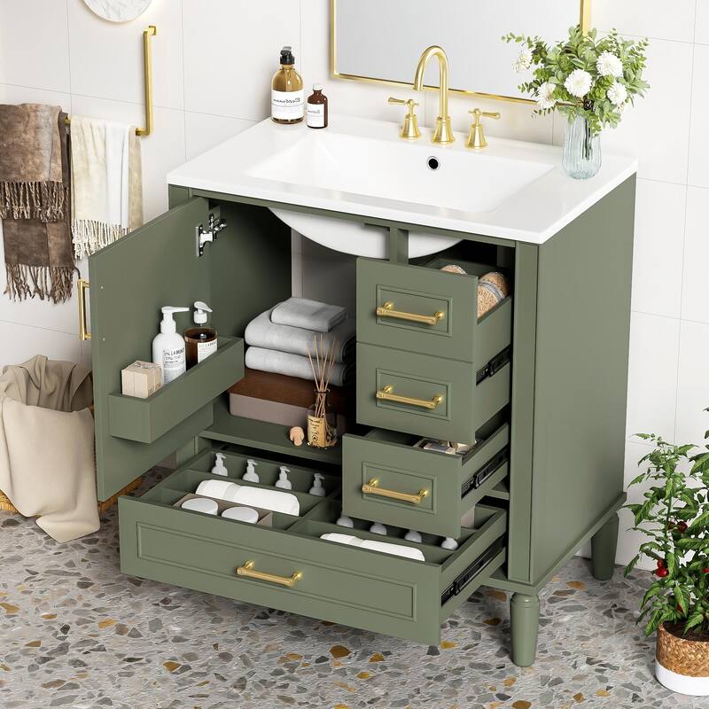 30" Bathroom Vanity with Ceramic Sink, Soft-Close Door, Built-in Shelf & Ample Storage