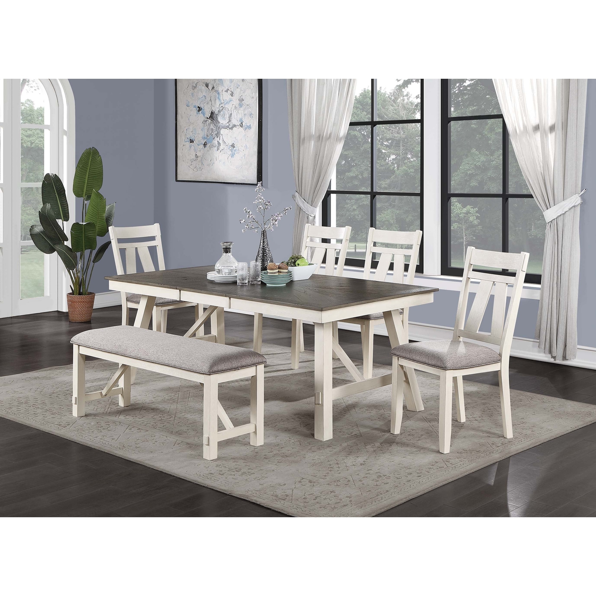 6pc Contemporary Dining Set Built In Table Leaf White And Gray Finish