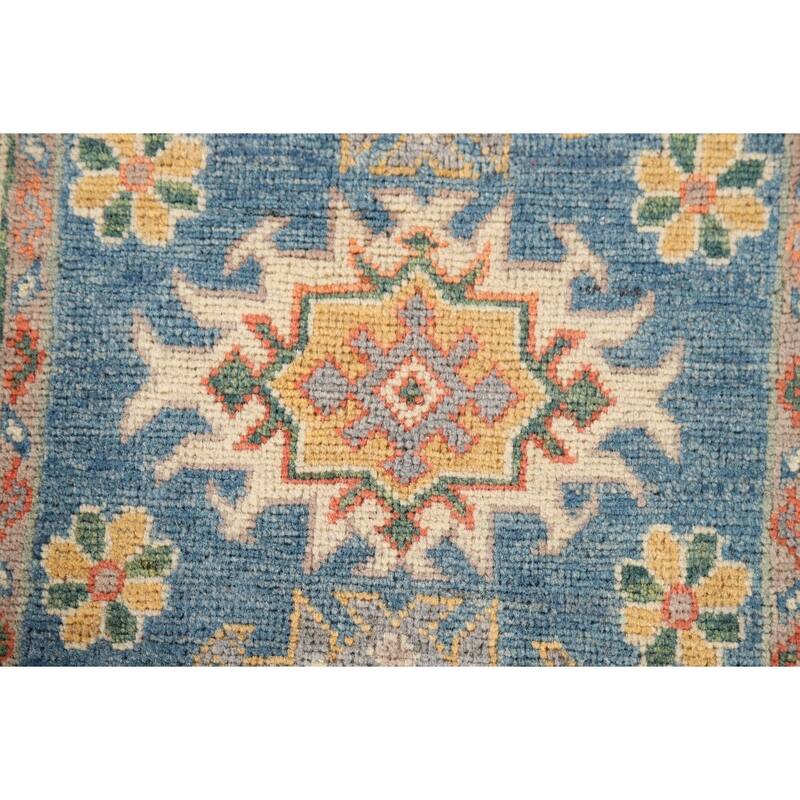 Hand Knotted Oriental 100% Wool Carpet Traditional Geometric Navy Blue & Blues Kazak Area Rug - 2' 10'' X 1' 11''