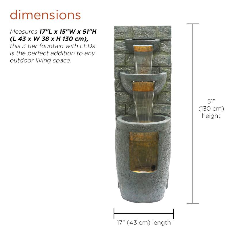 Alpine Corporation TZL384 51" 3-Tier Water Fountain with LED Lights, Elegant Cascading Water Feature Decorative Waterfall Gray