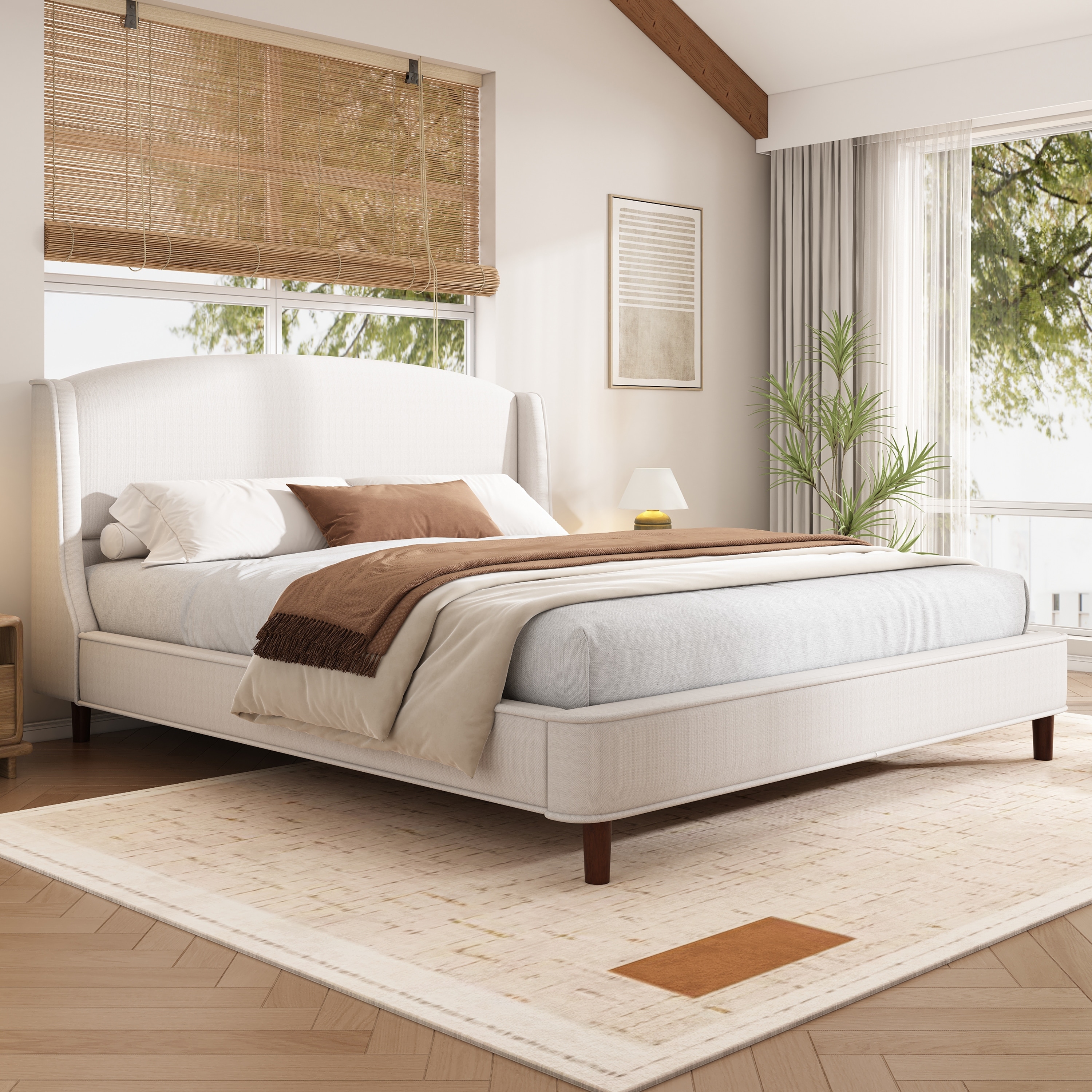 Christopher Knight Home - Quillon Wingback Upholstered Bed with Solid Hardwood Legs and Silent Support