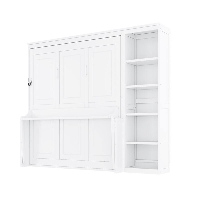 Full/Queen Size Murphy Bed with Bulit-in Desk and Bookshelf, Foldable Murphy Cabinet Bed with Open Storage Shelves