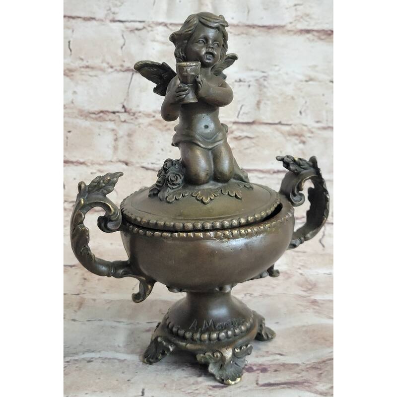 Bronze Cherub Cherubim Urn Jewelry Trinket Box Sculpture Decor 8 Inches X 6 Inches