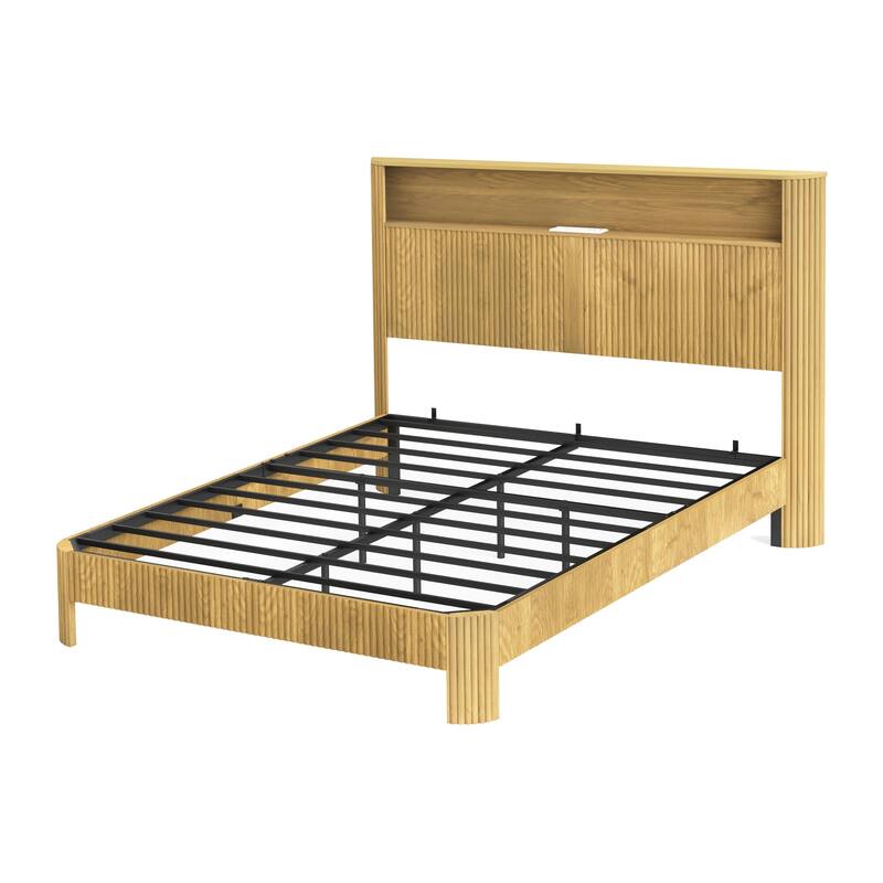 Queen Size Bed Frame with Storage Headboard, Charging Station, Wavy Design, Silent, Metal Support, Natural