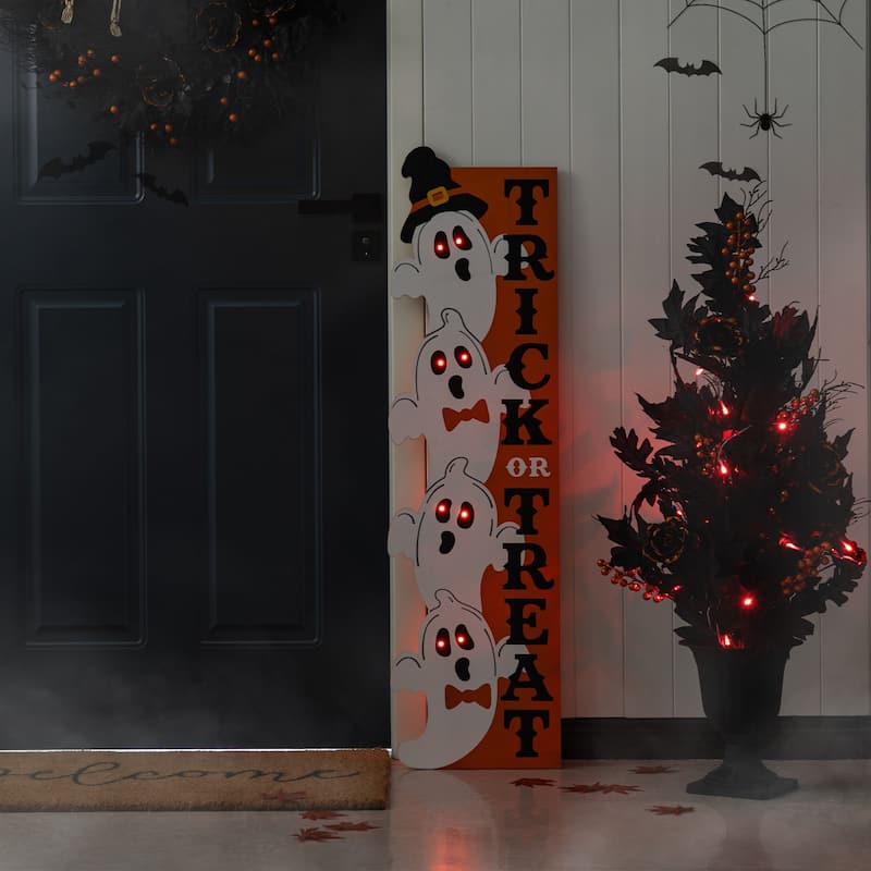 Glitzhome 42"H Lighted Halloween Wood Stacked Ghost with "Trick or Treat" Porch Sign w/Timer