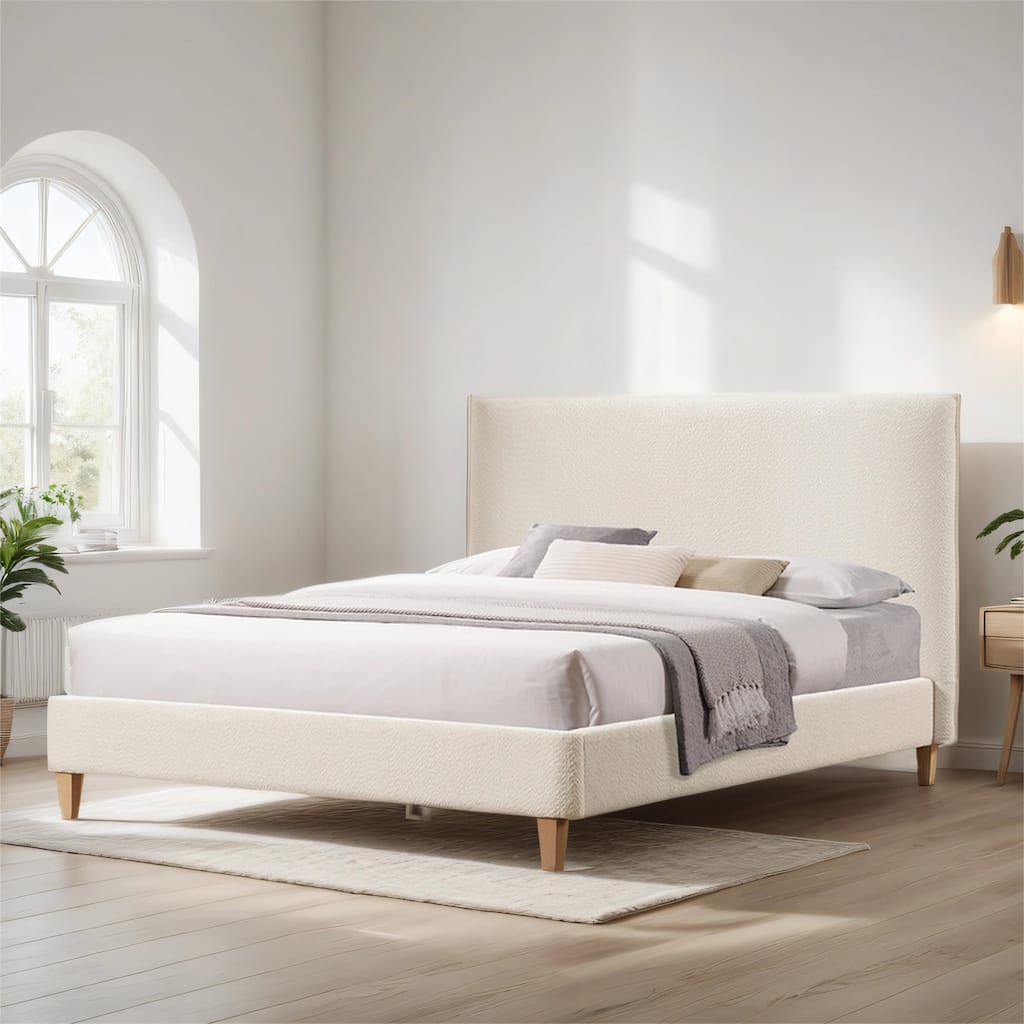 Queen Size Vireo Upholstered Platform Bed, Pearl White/Tungsten Gray