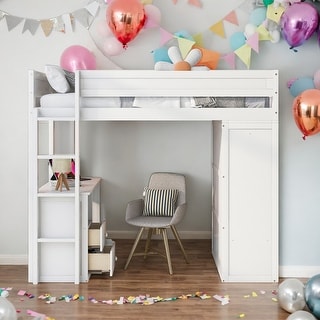 Modern Twin Size Wood Loft Bed With Wardrobes And 2-Drawer Desk With Cabinet,Large Storage Space