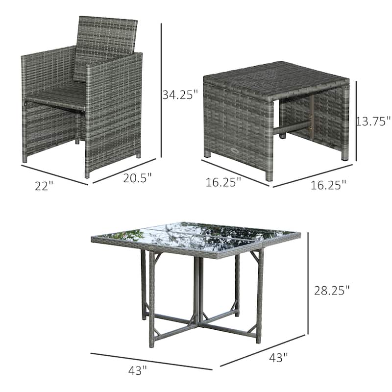 Outsunny 9 Piece Outdoor Rattan Wicker Dining Table and Chairs Furniture Set Space Saving Wicker Chairs w/ Cushions