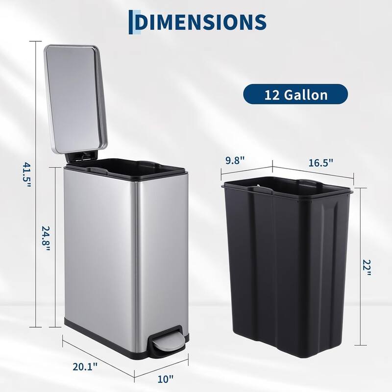 12-Gallon Slim Stainless Steel Step Trash Can with Soft-Close Lid and Removable Bucket Black