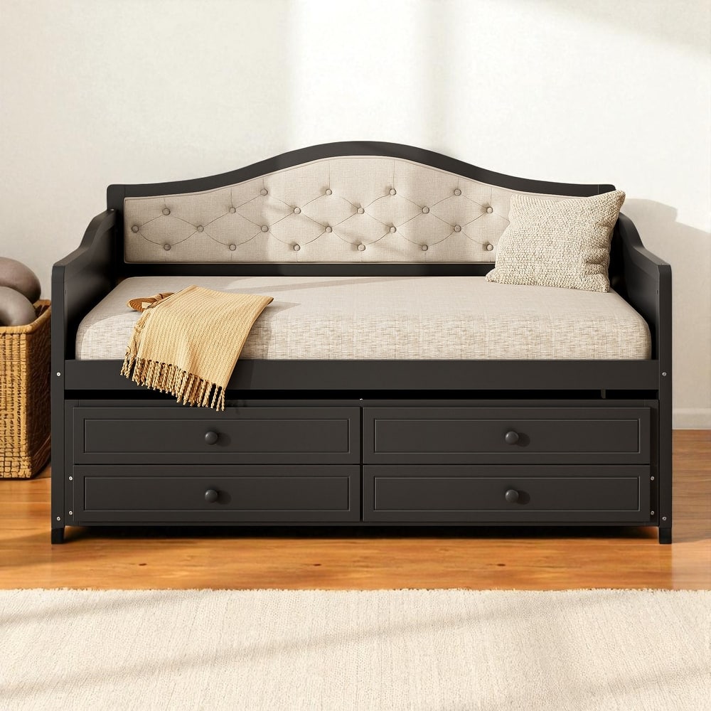 Twin Daybed with Trundle and 2 Storage Drawers, Upholstered Button Tufted Sofa Bed with Solid Wood Frame