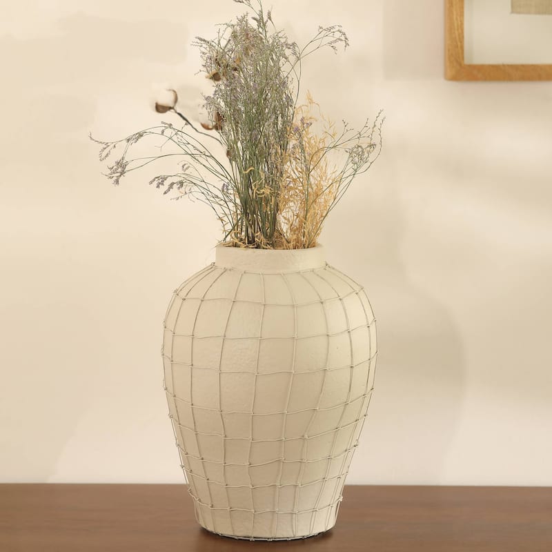 Handmade Off-White Terracotta Vase with Wireframe - 9.75x9.75x12 Inch Table Accent