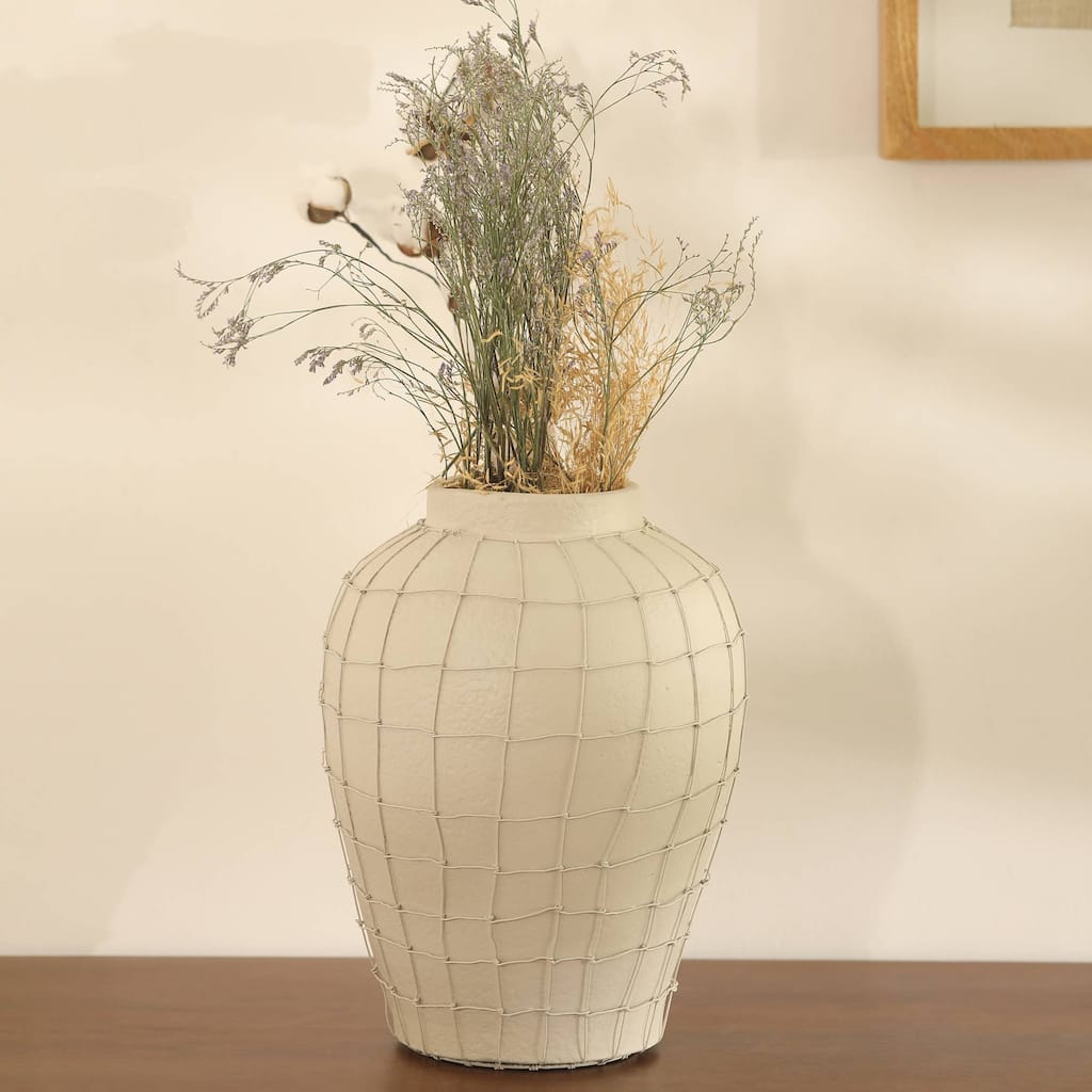 Handmade Off-White Terracotta Vase with Wireframe - 9.75x9.75x12 Inch Table Accent
