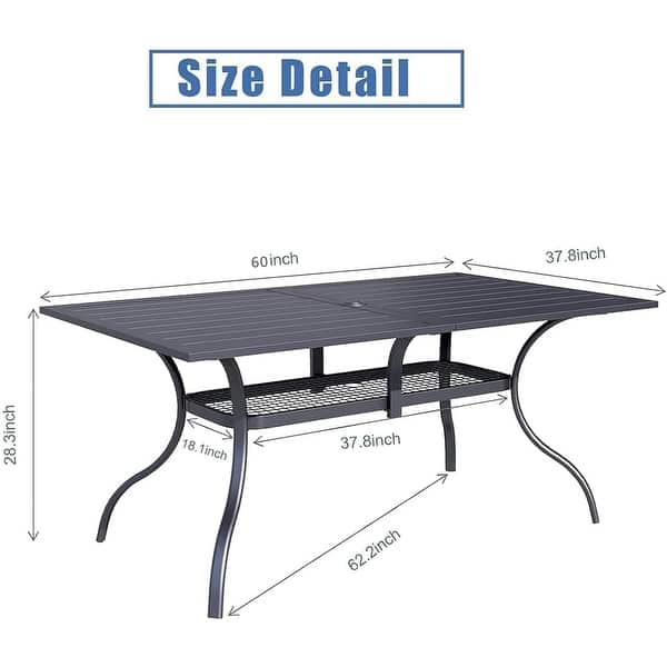 Outdoor Patio 2 Tiers Iron Steel Slatted Rectangle Dining Table Black with Umbrella Hole for 6 Person - 60" x 37"
