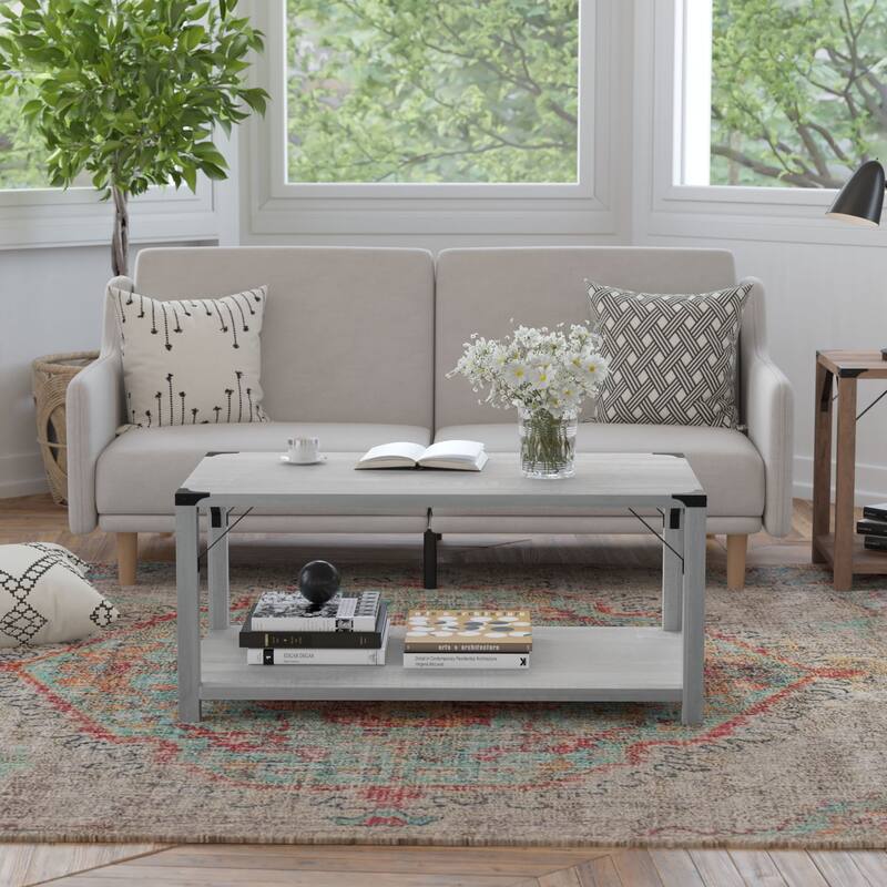 2-Tier Coffee Table with Metal Side Braces and Corner Caps - Aspen Gray
