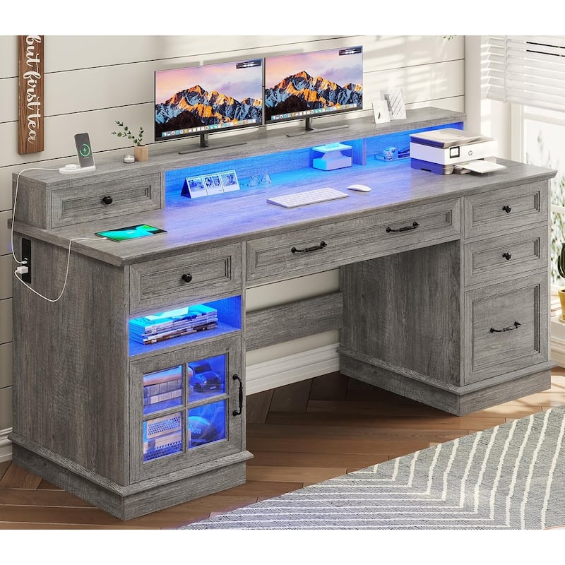 Executive Desk with Drawers Computer Desk with File Drawers Power Outlet LED Lights Storage Cabinet Monitor Shelf