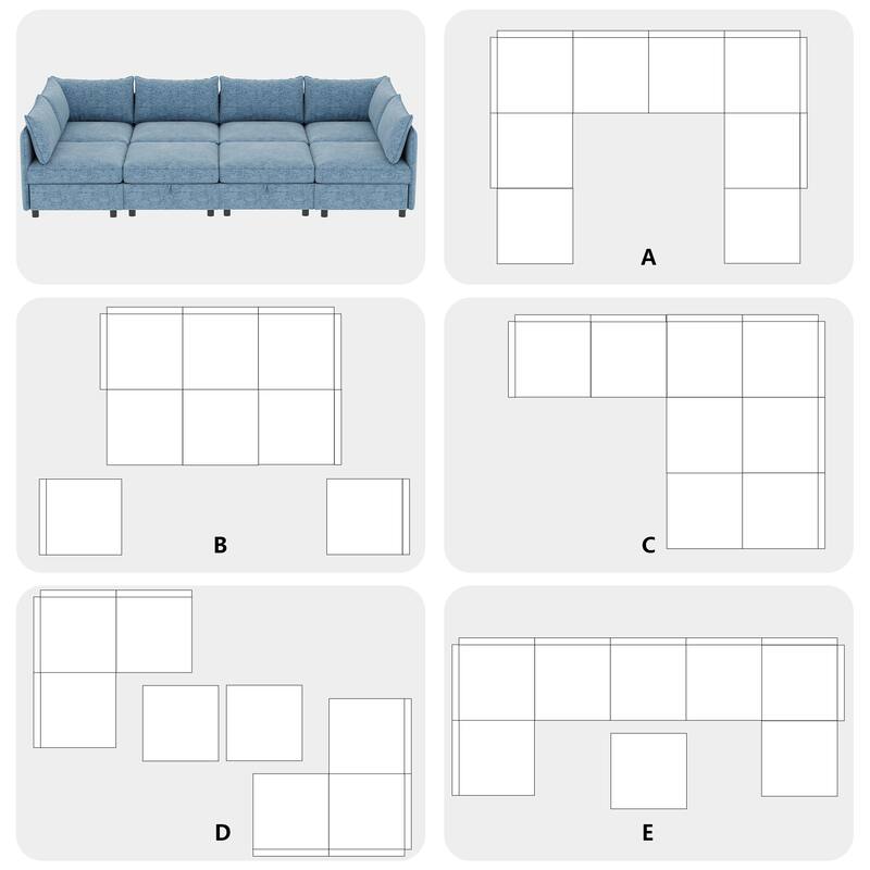Modular Convertible Sleeper Sofa with Storage, Antique Blue, 129x124x32 inches, 353 lbs