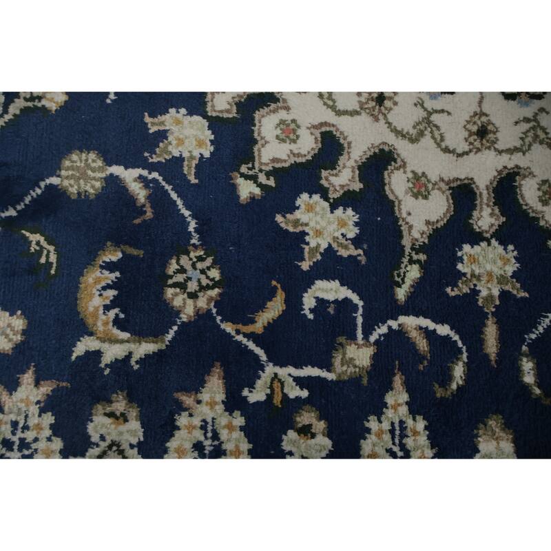 Hand Knotted Oriental Silk Carpet Traditional Floral Navy Blue & Blues Kashmar Area Rug - 7' 10'' X 5' 0''
