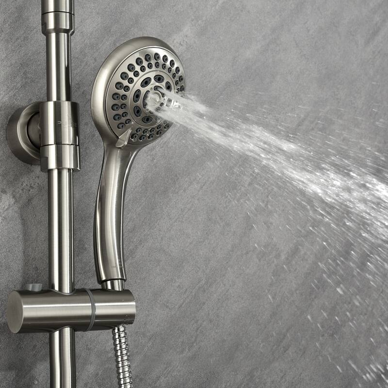 Riviera 8-in Rain Showerhead Shower System with 3-Body Jets Pivoting Shower Arm and Multi-function Handshower Brushed Nickel