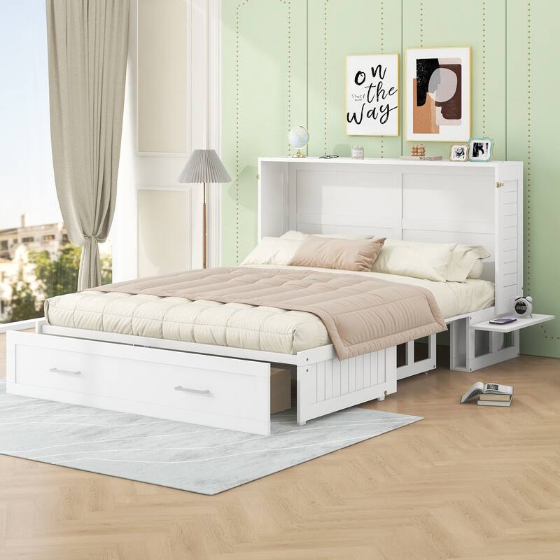Versatile Queen Size Murphy Bed with Drawer and Side Shelves