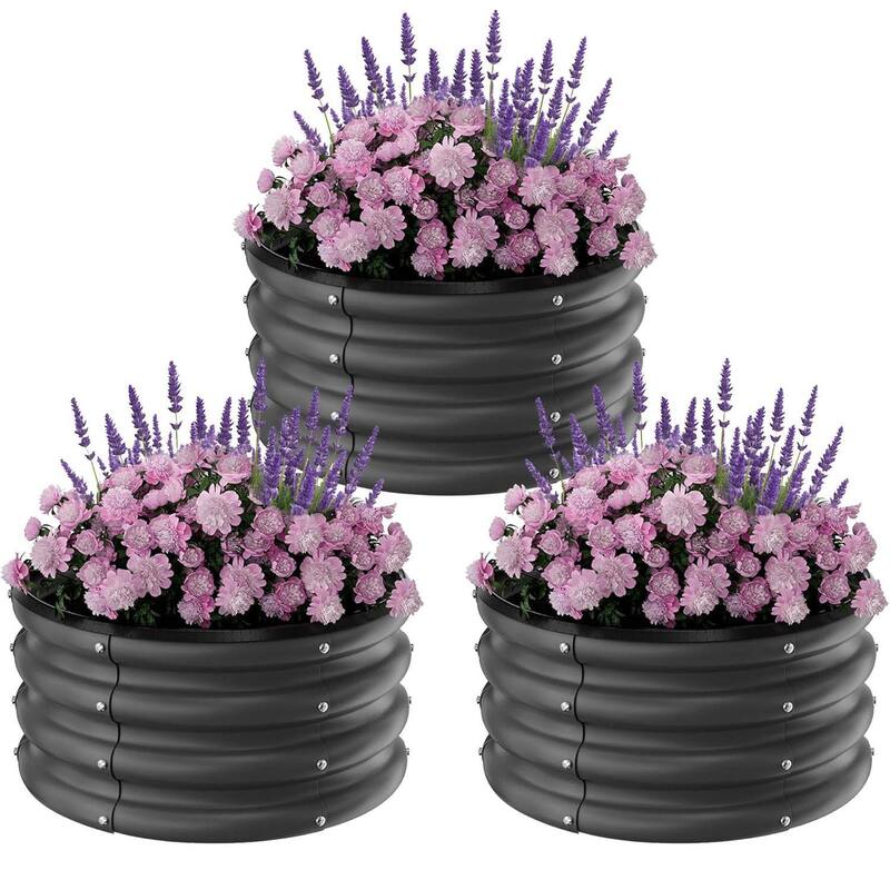 3 PCS Round Galvanized Raised Garden Beds Outdoor for Flower Herb Vegetable - Black