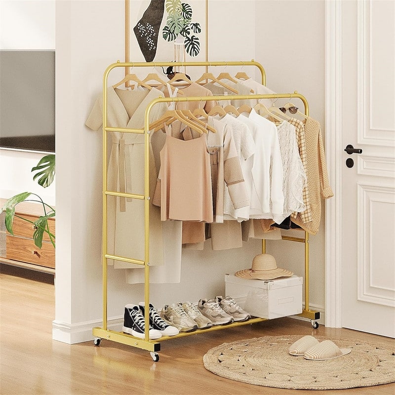 Double Rods Clothing Rack with Wheels - 17.32"D x 44.09"W x 52.36"H