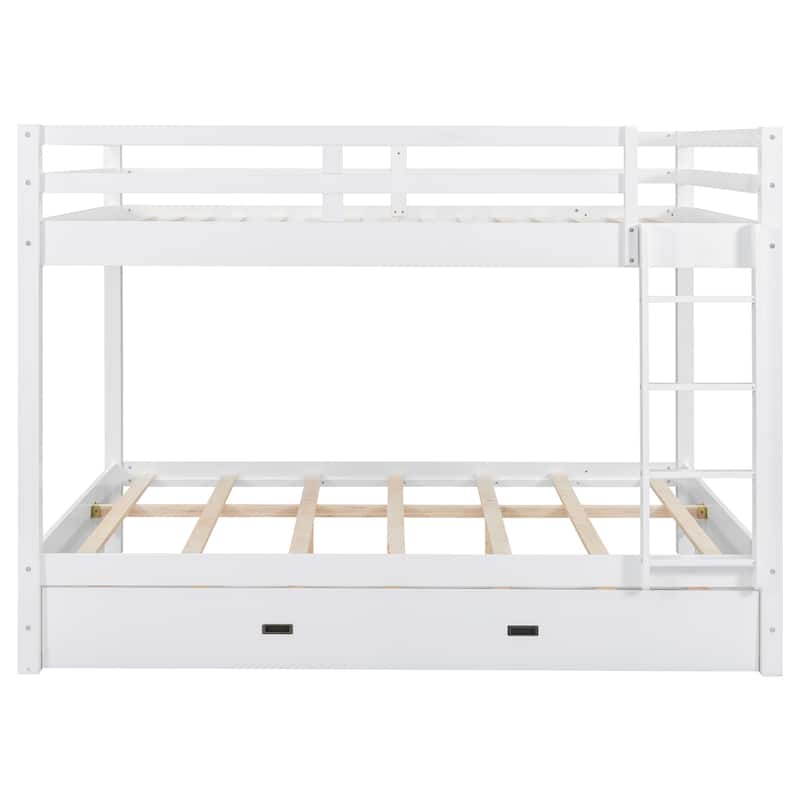 Wooden Queen Size Bunk Bed with Twin XL Size Trundle , Solid Pine Queen over Queen Bunk Bed Frame with Ladder and Guardrail