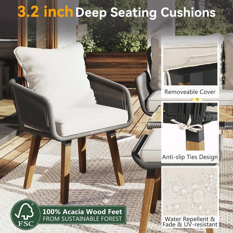 6-Piece Rope Patio Furniture Set with Acacia Wood Cool Bar Table