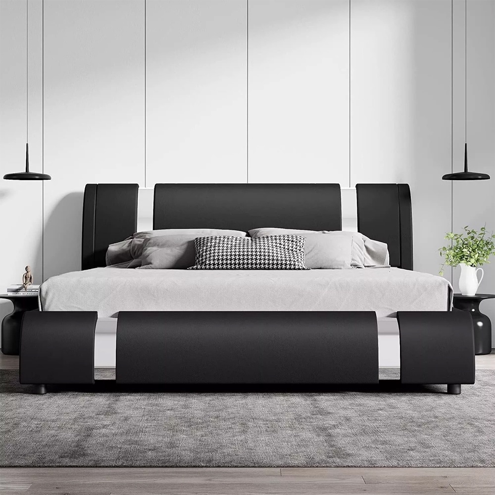 Modern Deluxe Platform Bed Frame Adjustable Headboard King & Black