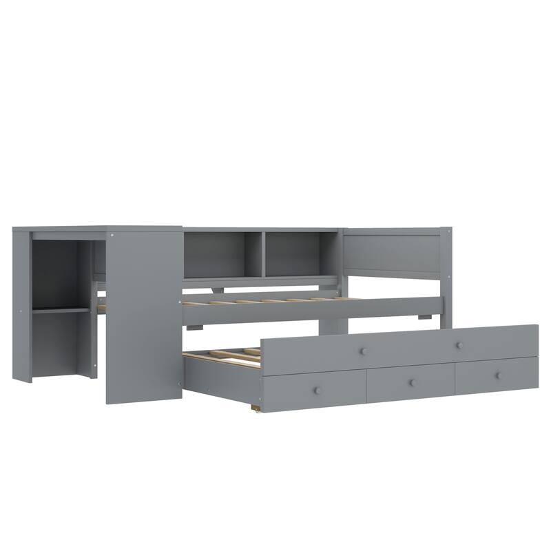 Roomfitters Twin/Full Size Wood Daybed with Trundle, Storage Drawers, Side Shelves & Built-in Desk, No Box Spring Needed