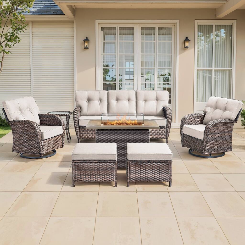 Gymojoy Outdoor Wicker Patio Furniture Sofa Set with 55,000 BTU Fire Pit Table, Swivel Chairs, Ottomans & Side Tables