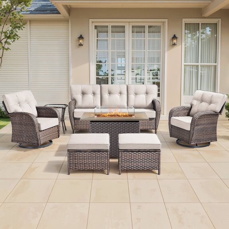 Gymojoy Outdoor Wicker Patio Furniture Sofa Set with 55,000 BTU Fire Pit Table, Swivel Chairs, Ottomans & Side Tables - Brown Wicker / Beige Cusion - 7-Piece