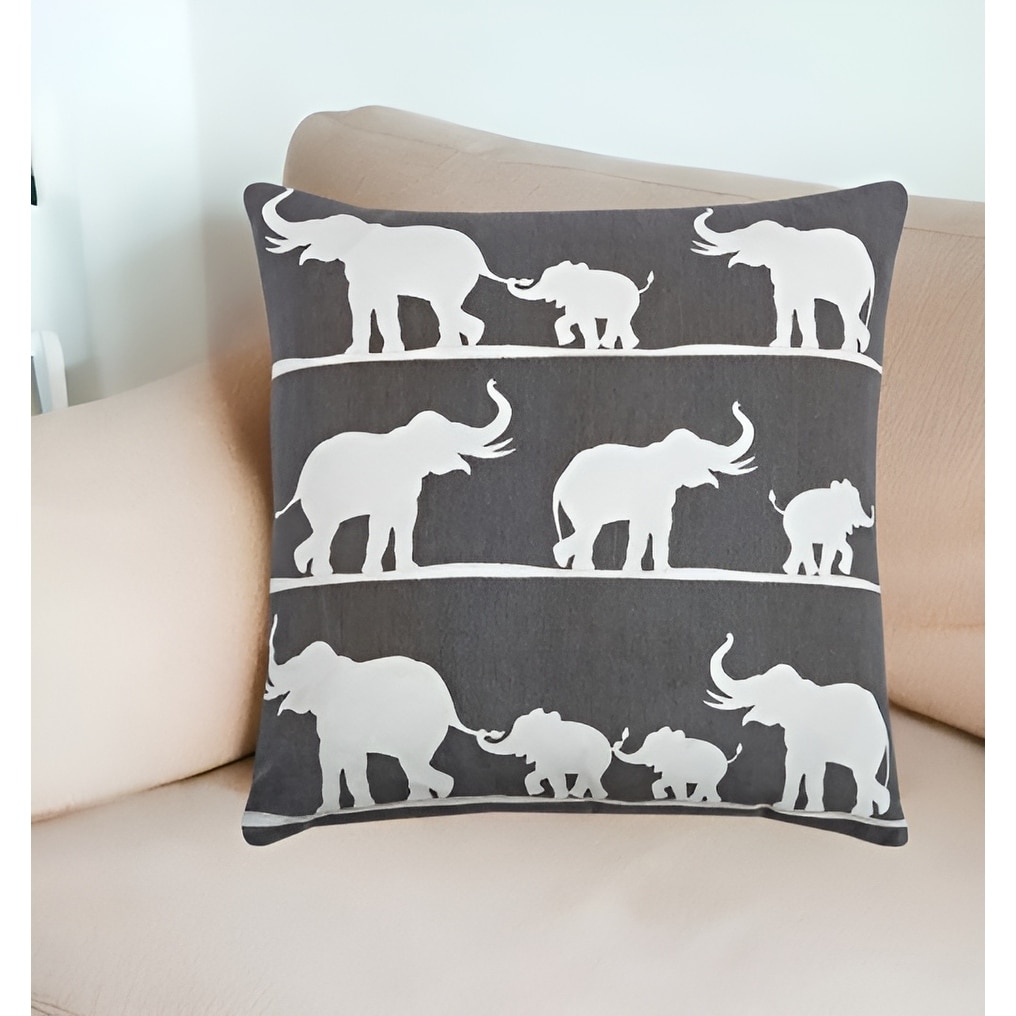 HomeRoots 20" Gray and White Elephant Cotton Throw Pillow