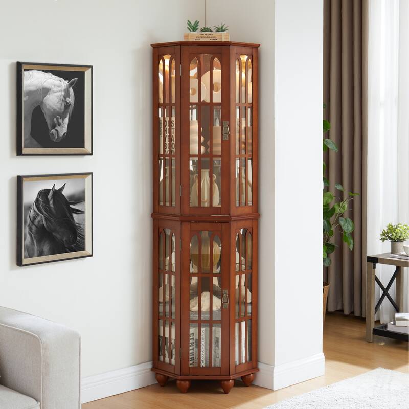 Lighted Corner Curio Cabinet, Wooden Accent Storage Cabinet, Display Cabinet with Tempered Glass Shelves & Mirrored Back
